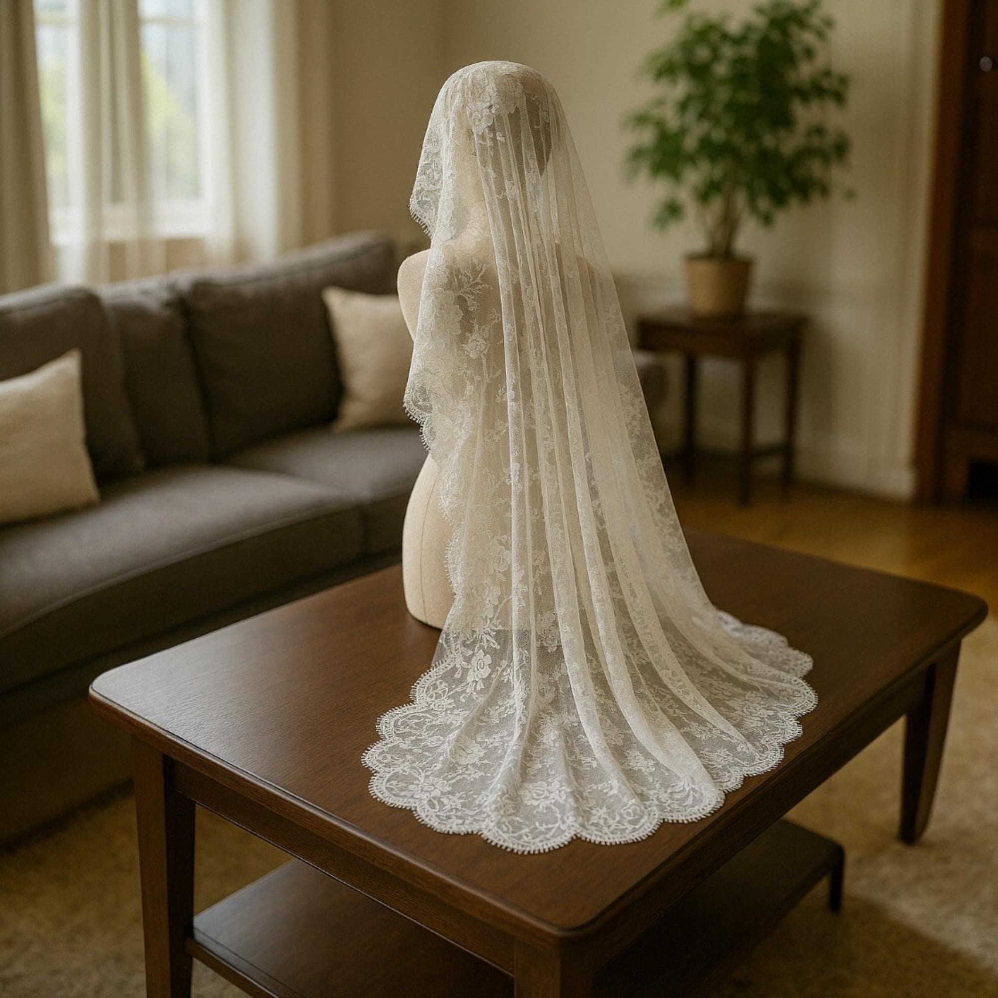 Vintage Mantilla Lace Wedding Veil | Eyelash Lace Edge Veil | Ivory Chapel Veil | 1-Tier Elegant Bridal Veil with Hair Pin