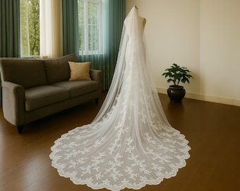Romantic Cathedral Wedding Veil – One Layer Tulle with Lace Edge | Long White or Ivory Bridal Veil with Comb