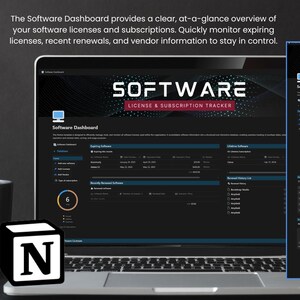 May include: A laptop computer screen displaying a software dashboard with the title "SOFTWARE LICENSE & SUBSCRIPTION TRACKER". The dashboard shows a list of software licenses and subscriptions, including expiring licenses, recent renewals, and vendor information.