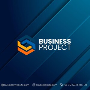 Könnte beinhalten: Dunkelblauer Hintergrund mit diagonalen Linien und einem Logo mit der Aufschrift "BUSINESS PROJECT". Das Logo ist ein geometrisches Design in Blau, Orange und Gelb. Kontaktinformationen unten.