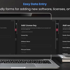 May include: A screenshot of a laptop screen showing three forms for adding new software, licenses, and vendors. The forms are on a dark background with white text. The forms are labeled "Add new software", "Add License key", and "Add new vendor".
