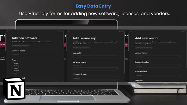 May include: A screenshot of a laptop screen showing three forms for adding new software, licenses, and vendors. The forms are on a dark background with white text. The forms are labeled "Add new software", "Add License key", and "Add new vendor".
