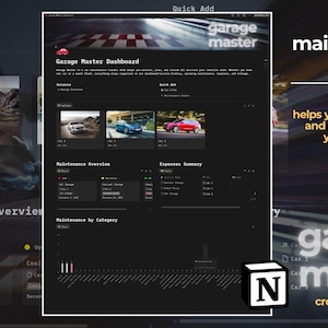 May include: A dark-themed car maintenance tracker interface with the text "Garage Master Dashboard". The interface displays car images, maintenance overviews, and expense summaries. The text "car maintenance tracker" is also visible.