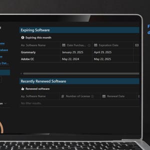 May include: A screenshot of a software dashboard with a dark background and blue text. The dashboard shows a list of expiring software, including Grammarly and Adobe CC, and a list of recently renewed software. The dashboard also includes a section for adding new software, licenses, and vendors. The text "Four interconnected databases" is displayed on the right side of the image, with a list of databases: Software Database, License Database, Vendor Database, and Renewal Database.
