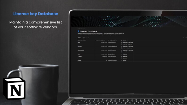 May include: A laptop computer screen displaying a database of software vendors with their contact information. The text "License key Database" and "Vendor Database" is visible on the screen. A black coffee mug with the letter "N" is in the foreground.