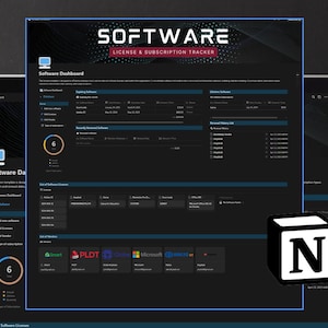 Może przedstawiać: Zrzut ekranu z komputera, na którym wyświetlony jest panel kontrolny śledzenia licencji i subskrypcji oprogramowania. Panel jest ciemnoszary z niebieskimi akcentami i pokazuje listę licencji i subskrypcji oprogramowania. Tytuł panelu to "Software License & Subscription Tracker".