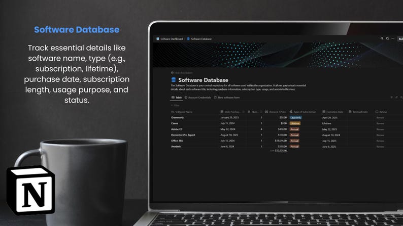 May include: A laptop computer screen displaying a software database with a dark background and a table listing software names, purchase dates, and subscription lengths. The text "Software Database" is displayed at the top of the screen.