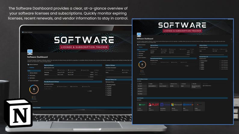 May include: A laptop computer screen displaying a software dashboard with the title "SOFTWARE LICENSE & SUBSCRIPTION TRACKER". The dashboard shows a list of software licenses and subscriptions, including expiring licenses, recent renewals, and vendor information.