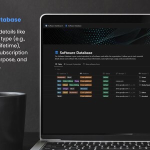 May include: A laptop computer displaying a software database application. The application is used to track essential details about software, such as name, type, purchase date, subscription length, usage purpose, and status.