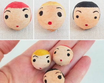 Vintage Spun Cotton Doll Heads, Hand Painted Faces with Your Choice of Black, Red or Yellow Hair, Made in Japan, 3/4 Inch Small Doll Heads