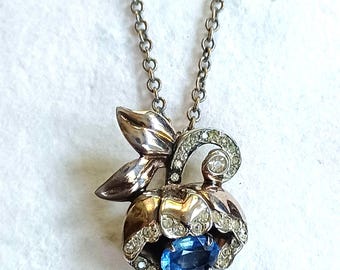 Antique 1930s Art Nouveau Sterling Silver Flower snd Rhinestone Pendant with 18 inch Chain