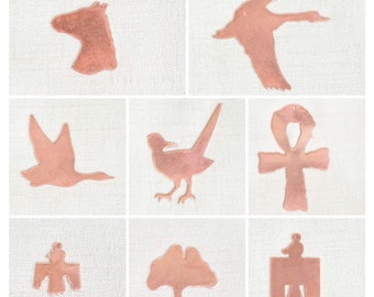 Vintage Copper Shapes, Copper Blanks for Stamping, Enameling, Crafts: Horse, Goose, Duck, RoadRunner, Ankh Cross, Thunderbird, Gingko Leaf