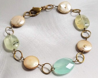 Champagne Pearl & Chalcedony Bracelet: Vintage Gemstone, Sterling Silver