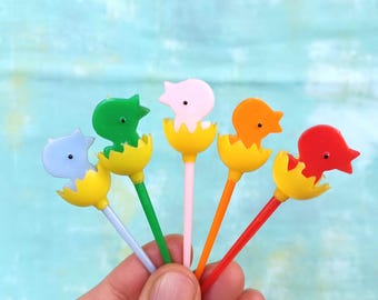 Vintage Easter Spring Cupcake Topper Picks, Colorful Cake Decorations, Party Picks, Party Favors, Baby Chick Bird Molded Plastic Decorations