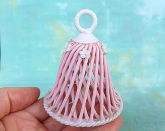 Vintage Ceramic Bell Ornament, Pink and White Woven Lattice Porcelain Bell Wedding Cake Topper