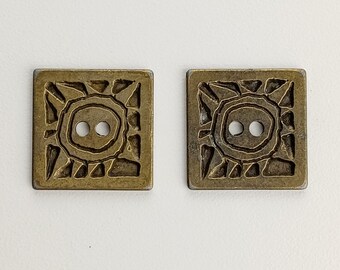 Set of 2 Vintage Square Brass Buttons, 7/8 Inch Brass Metal Buttons w/ Primitive Sun Embossed Design, 2 Holes, Multiple Quantities Available