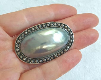 Vintage Oval Brooch Pendant, Mother of Pearl and Sterling Silver