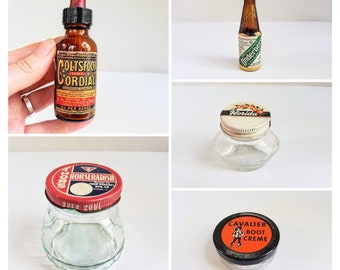 Vintage Old Product Glass Bottles and Jars, Small Glass Bottles and Jars from Assorted Eras, Empty Vintage Glass Bottles and Jars with Lids