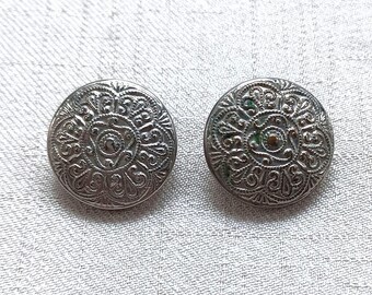 Set of 2 Vintage Silver Metal Buttons with Art Deco Design, 3/4 Inch Shank Buttons