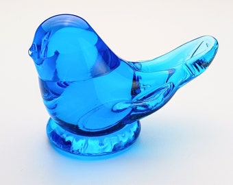 1990 Vintage Glass Blue Bird of Happiness Figurine, Turquoise Blue Glass Bird Paperweight Signed by Artist Leo Ward, Terra Studio Label