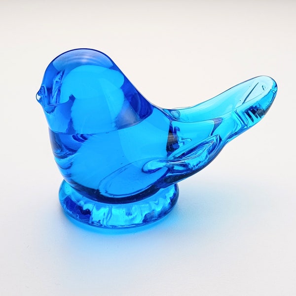 1990 Vintage Glass Blue Bird of Happiness Figurine, Turquoise Blue Glass Bird Paperweight Signed by Artist Leo Ward, Terra Studio Label
