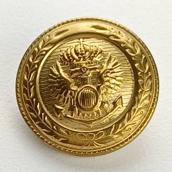 Single Vintage Military Brass Coat Button, 3/4 Inch, Brass Shank Button with Crown, Eagle and Arrow Embossed Design