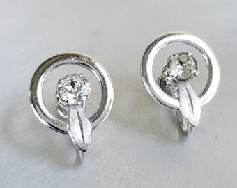 Van Dell Vintage Sterling Silver Rhinestone Clip On Earrings