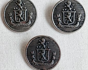 Set of 3 Vintage Silver Metal Lion & Shield Shank Buttons