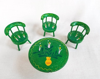 Vintage Fomerz Dollhouse Furniture, 1 Table and 3 Chairs, Green Painted Wood Miniature Furniture, Made in Japan, 1960s