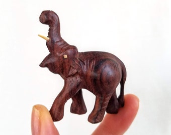 Vintage Tiny Wood Elephant Figurine with Raised Trunk Made of Hand Carved Wood, 2 Inch Wood Elephant Figurine