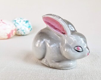 Vintage 1950s Easter Rabbit Miniature Ceramic Figurine, Gray & Pink Easter Bunny Rabbit Miniature Figurine, JAPAN Vintage Easter Decoration