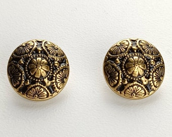 Set of 2 Vintage Brass Buttons with Floral Design, 5/8 Inch Brass Shank Buttons