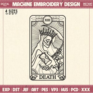 File da ricamo "The Death Card Skeleton", disegno da ricamo per amanti dei libri, regalo per amanti della lettura, file digitale, download immediato