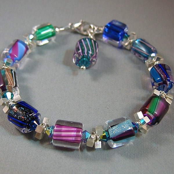 Jeweltones, Blues, Purples, Furnace Glass, Cane glass, Art Glass Bali Silver and Crystal Glass Bead Bracelet