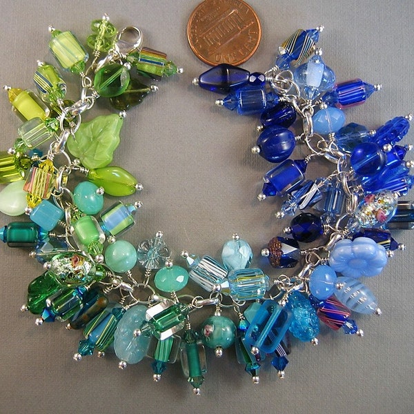 Jeweltones Blue and Green Caterpillar Style Charm Bracelet with Furnace Glass and Contemporary and Vintage Glass Beads