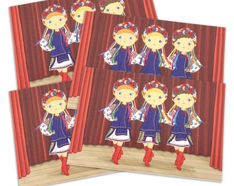 Postcards 4 Pack of 4 x6 Illustrated Postcards- Ukrainian Dancing Girls, Scene from My Ukrainian American Story  - Illustration by A.Bamber