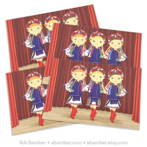 Postcards 4 Pack of 4 x6 Illustrated Postcards Ukrainian Dancing Girls, Scene from My Ukrainian American Story Illustration by A.Bamber image 1