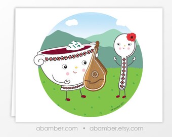 Ukrainian Bandura Borsht, Borcht, Borsch, borshch (Beet Soup) and Spoon Blank Greeting Card - Illustration by A.Bamber