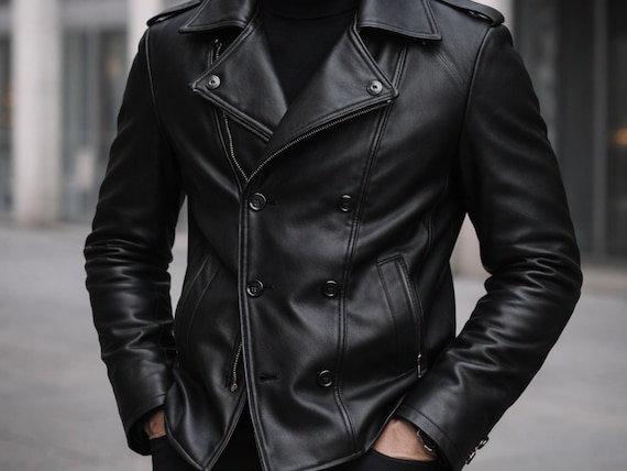 Handmade Leather Jacket | Black Genuine Leather Men | Real Sheepskin | Custom Slim Fit Double Breasted Peacoat | Winter Gift for Him