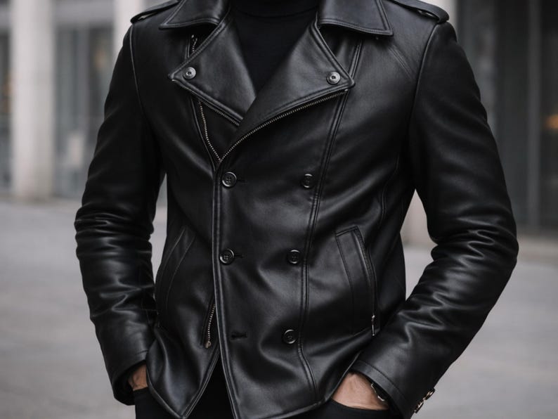 Black Leather Jacket Men front view, Genuine Leather Men piece showing smooth cowhide texture,  two waist pockets with snap closures, slim fit silhouette on mannequin. Handmade Leather Jacket with premium stitching detail.