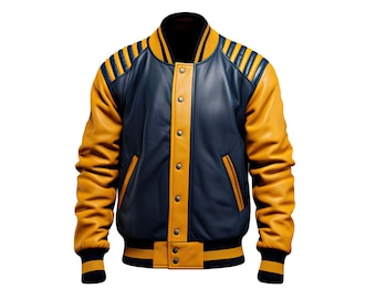 Genuine Handmade Varsity Leather Jacket Men | Navy Blue Yellow Bomber Letterman College Baseball Jacket | Gift for Him