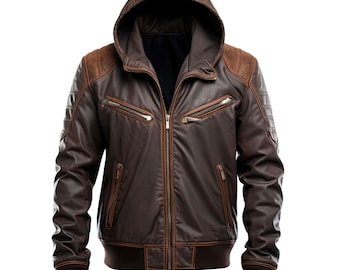 Hooded Leather Jacket Men | Coffee Brown Handmade Genuine Sheepskin Bomber, Zip Up Casual Outerwear, Gift for Him