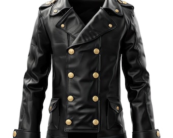 Men's Black Leather Military Jacket, Double Breasted Officer Coat, Gold Buttons Gothic Steampunk Peacoat, Victorian Naval Jacket