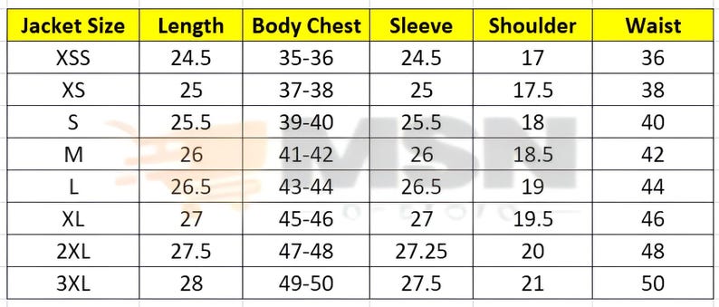 Men’s genuine leather jacket size chart showing accurate measurements from XXS to XXL for a handmade genuine leather. This guide helps ensure the perfect fit for a distressed cafe racer style men’s leather outerwear before ordering.