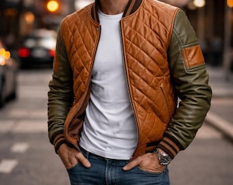 Handmade Genuine Leather Jacket For Men | Quilted Bomber Real Sheepskin Leather | Brown & Olive Varsity Style