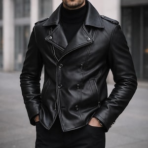 Mens genuine leather peacoat in black with double breasted front and classic lapel collar design