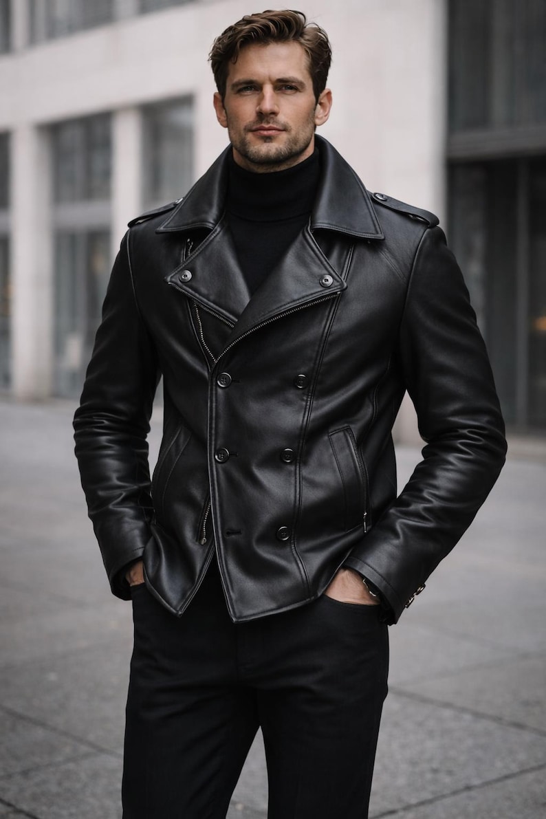 Mens genuine leather peacoat in black with double breasted front and classic lapel collar design