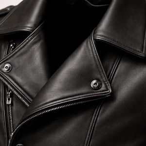 Black leather jacket men detail showing double breasted buttons and premium genuine leather quality