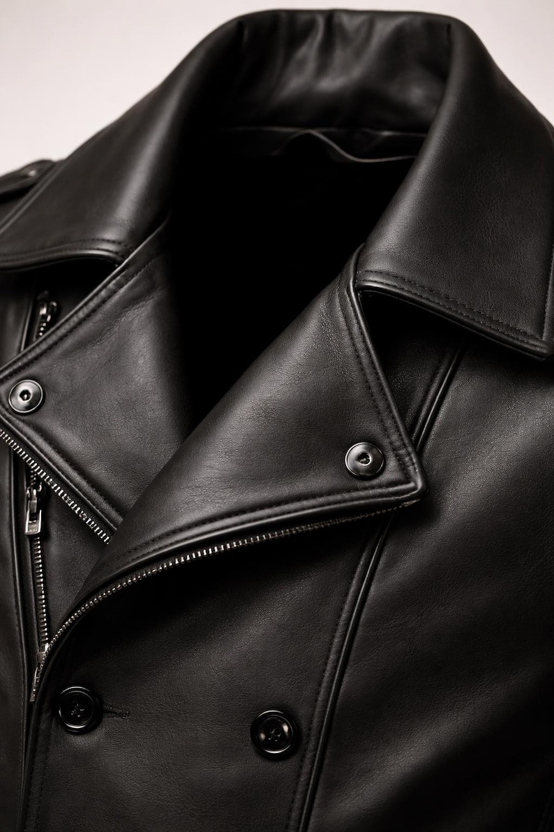 Black leather jacket men detail showing double breasted buttons and premium genuine leather quality