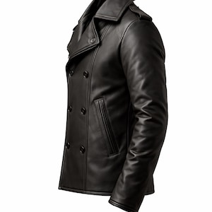 Mens genuine leather jacket buttons and lapel - slim fit double breasted peacoat craftsmanship detail
